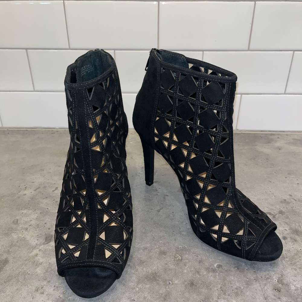 Michael Kors Ivy Open Tuo Suede Black Ankle Booties with Laser-Cut Design